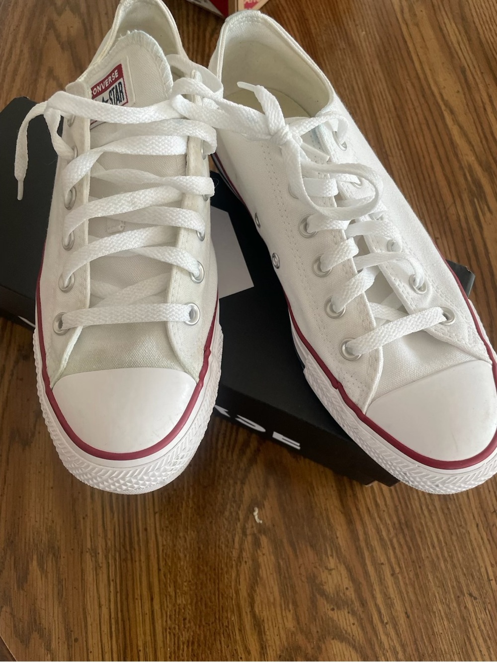 Converse White Low Top Canvas Sneakers with Red Stripe